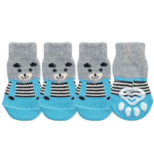 4pcs/lot Dog Shoes Lovely Warm Dog Socks Anti-slip Puppy Cat Knit Socks Cute Cartoon Print Cats Dogs Boots Winter Wear