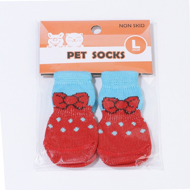 4pcs/lot Dog Shoes Lovely Warm Dog Socks Anti-slip Puppy Cat Knit Socks Cute Cartoon Print Cats Dogs Boots Winter Wear