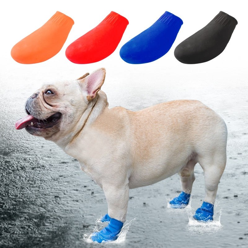 4 pc Cute Dog Shoes Pets Boots Socks Waterproof Rubber Rain Dog Shoes Non Slip For Pet  Outdoor Puppies Shoes  Candy Color