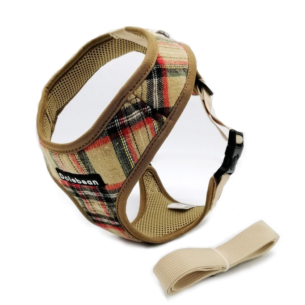 Dog Harness for Small Dog Plaid Nylon Dog Harness and Leash Set Soft Breathable Mesh Padded Puppy Harness Vest with Walking Lead