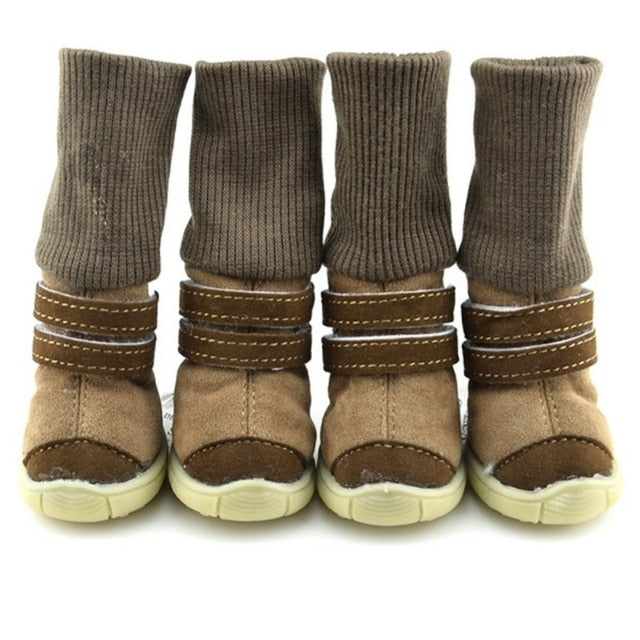 Winter Pet Shoes Anti-slip Cotton Soft Leather Cashmere Waterproof Warm Booties Boots Belt Decoration Dog Winter Shoes