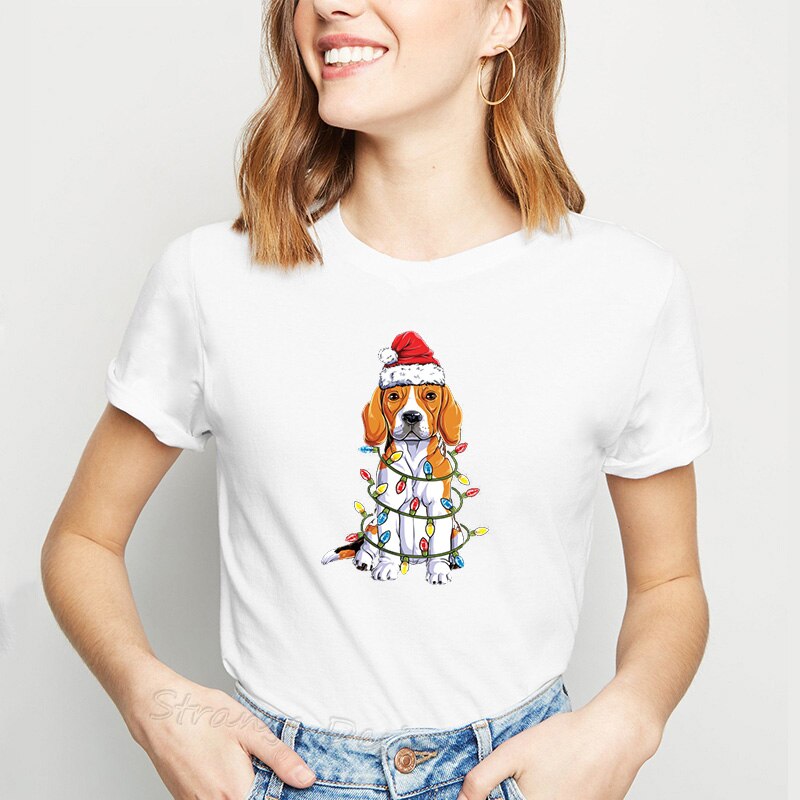 Beagle Christmas Women's Shirt Clothes Santa Hat Xmas Tree Lights Dog Female T-Shirt Funny Fashion Tee Shirt Femme StreetwearBea