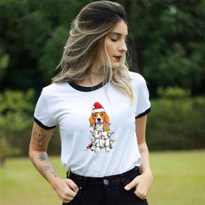 Beagle Christmas Women's Shirt Clothes Santa Hat Xmas Tree Lights Dog Female T-Shirt Funny Fashion Tee Shirt Femme StreetwearBea