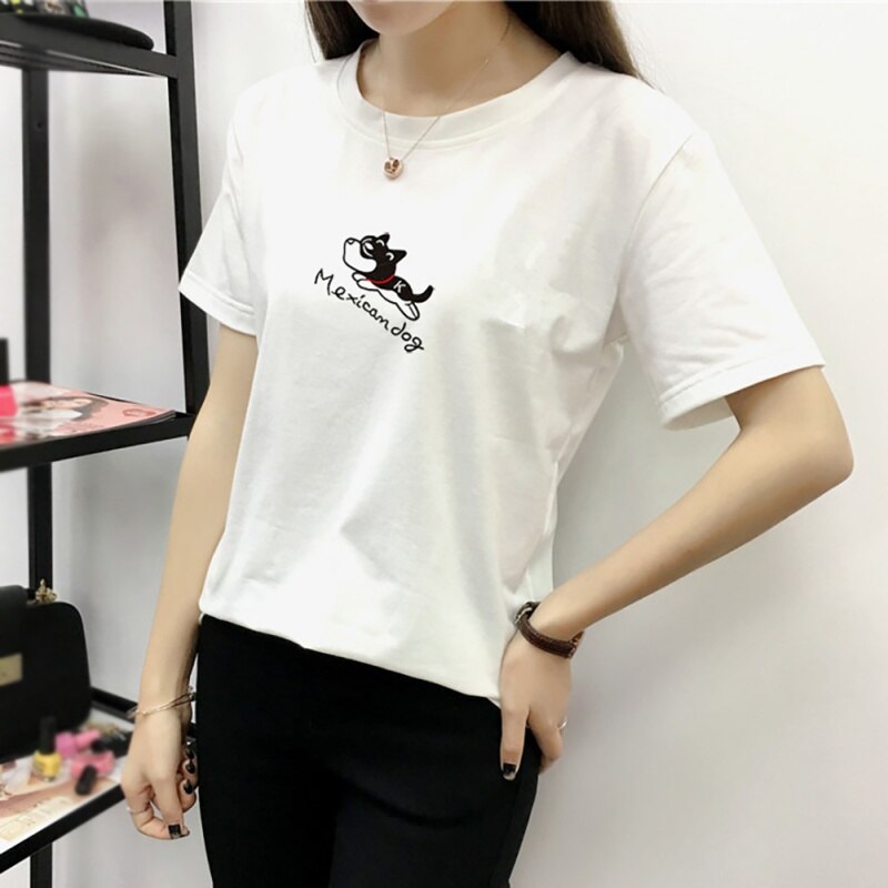 Newest 2019 Sexy Summer Women's Casual Round Neck Cartoon Dog & Letters Print Short Sleeve Loose Pullover T-Shirt #2019.6.28