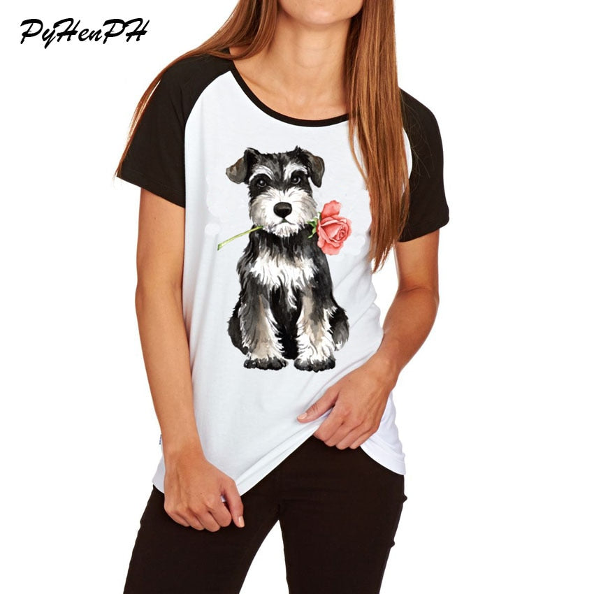 Women's Rose Mini Schnauzer Print T shirt Cute Animal Pug Dog Design Cotton T-shirt Woman/Ladies Tshirt  Raglan Sleeve Big Size