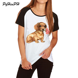 Women's Rose Mini Schnauzer Print T shirt Cute Animal Pug Dog Design Cotton T-shirt Woman/Ladies Tshirt  Raglan Sleeve Big Size