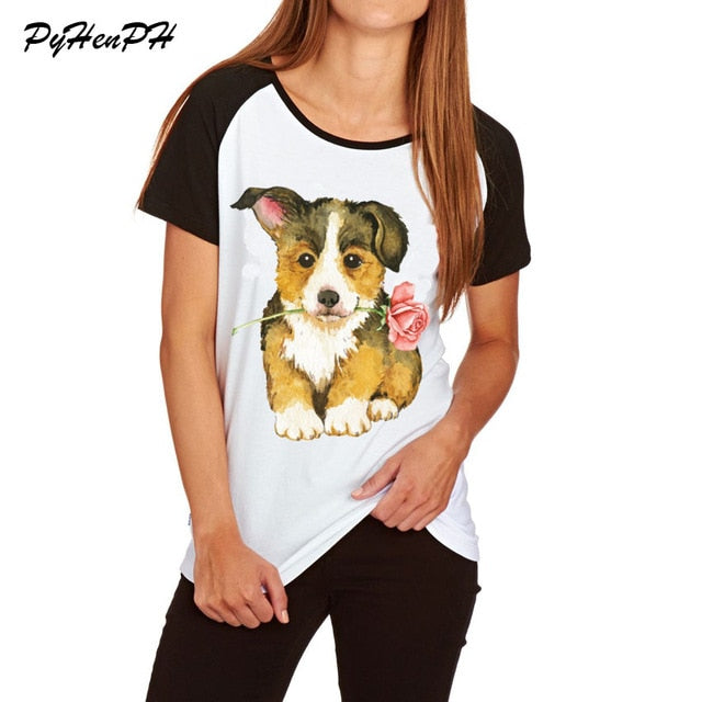 Women's Rose Mini Schnauzer Print T shirt Cute Animal Pug Dog Design Cotton T-shirt Woman/Ladies Tshirt  Raglan Sleeve Big Size