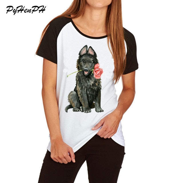 Women's Rose Mini Schnauzer Print T shirt Cute Animal Pug Dog Design Cotton T-shirt Woman/Ladies Tshirt  Raglan Sleeve Big Size