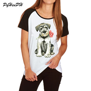 Women's Rose Mini Schnauzer Print T shirt Cute Animal Pug Dog Design Cotton T-shirt Woman/Ladies Tshirt  Raglan Sleeve Big Size