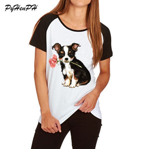 Women's Rose Mini Schnauzer Print T shirt Cute Animal Pug Dog Design Cotton T-shirt Woman/Ladies Tshirt  Raglan Sleeve Big Size