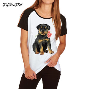 Women's Rose Mini Schnauzer Print T shirt Cute Animal Pug Dog Design Cotton T-shirt Woman/Ladies Tshirt  Raglan Sleeve Big Size