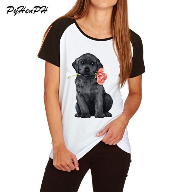 Women's Rose Mini Schnauzer Print T shirt Cute Animal Pug Dog Design Cotton T-shirt Woman/Ladies Tshirt  Raglan Sleeve Big Size