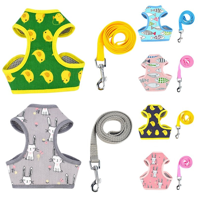 Pet Puppy Dog Cat Adjustable Harness Leash Set with Cute Patten Pet Cotton Vest for Small Medium Dogs Chihuahua Yorkie Teddy