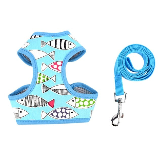 Pet Puppy Dog Cat Adjustable Harness Leash Set with Cute Patten Pet Cotton Vest for Small Medium Dogs Chihuahua Yorkie Teddy