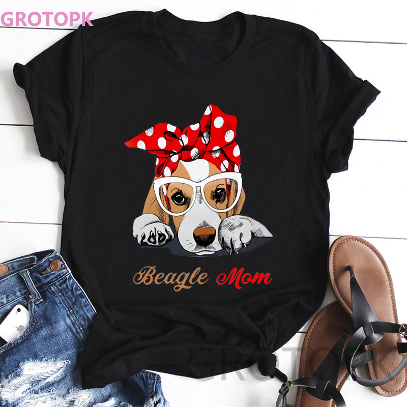 Kawaii Dog Prints Black Tshirt Short Sleeved Polyester T Shirt for Women Beagle Mom Vintage T-shirt Women's Fashion Harajuku Top